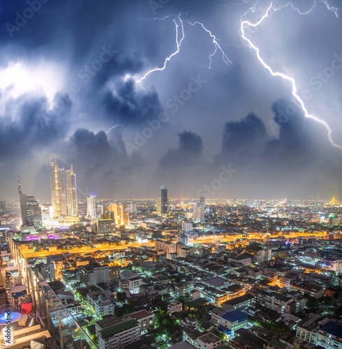 Night aerial view of Downtown Bangkok during a storm, Thailand