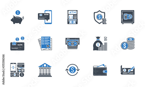Banking icons set. Black and blue color.