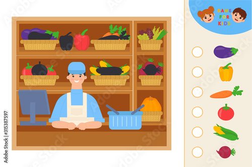 Education logic game for preschool kids. Kids activity sheet. Find the right shadow. Vegetables on shop shelves.  Children funny riddle entertainment.