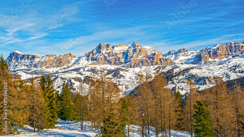 Dolomites landscape panorama in winter, Italy, on the Sella Ronda ski circuit