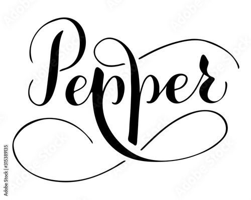 Vector hand written pepper text isolated on white background. Kitchen healthy herbs and spices for cooking. Script brushpen lettering with flourishes. Handwriting for banner, poster, product label