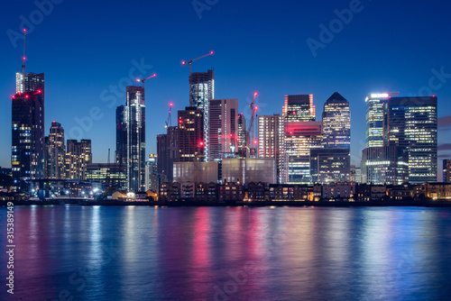 Night Time Skyline View of Modern Business District Canary Wharf in London