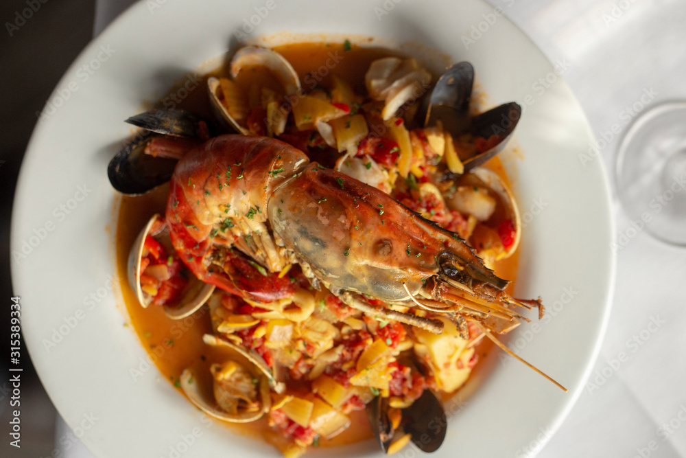 Bouillabaisse with lobster, scallops and shrimp Bouillabaisse with lobster, scallops and shrimp