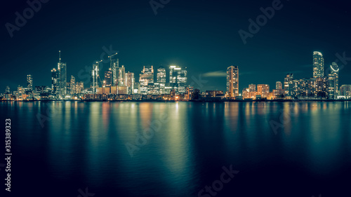 Photography Night Time Skyline View of Modern Business District Canary Wharf in London