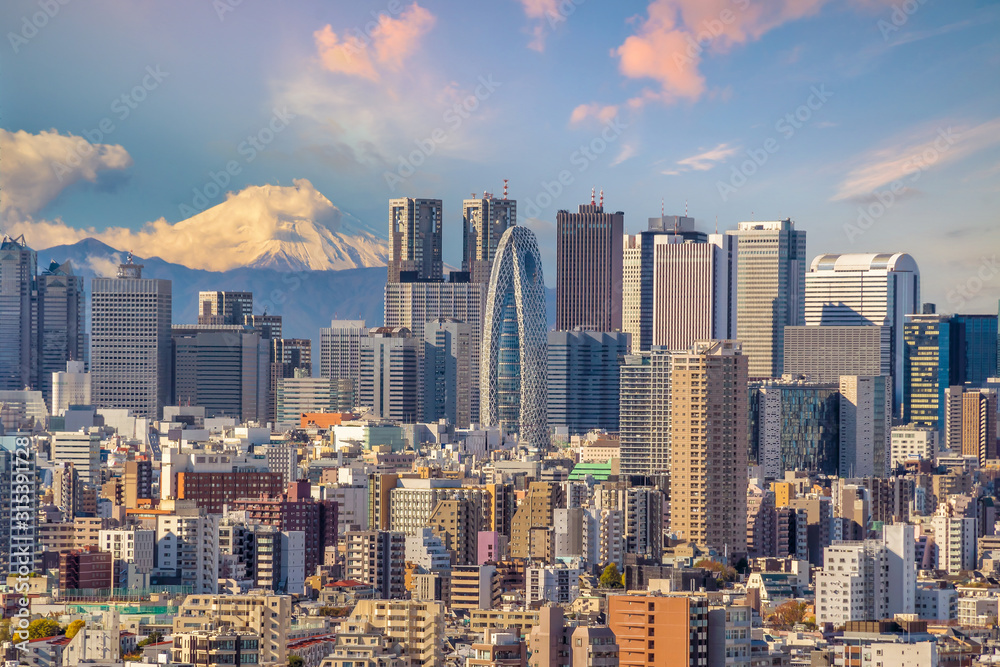 Naklejka premium Widok z góry na panoramę miasta Tokio (Shinjuku i Shibuya) z pięknym zachodem słońca