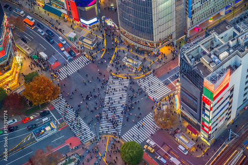 Photography Shibuya Crossing from top view at night in Tokyo