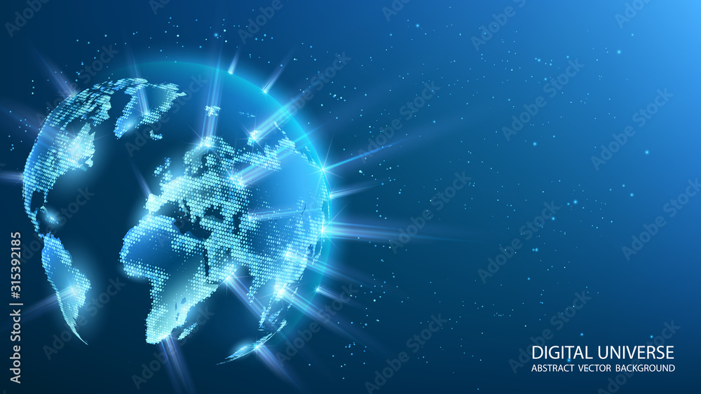 Blue futuristic background with planet Earth. World map of the planet. Rays of energy. Global social network. Future. Vector. Internet and technology. Floating blue plexus geometric background.