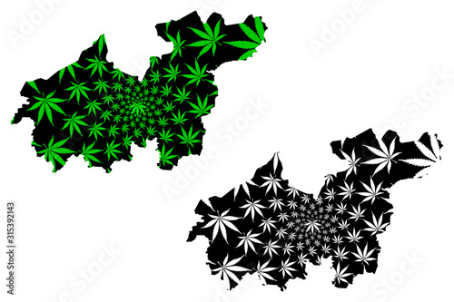 Sikasso Region (Regions of Mali, Republic of Mali) map is designed cannabis leaf green and black, Sikasso map made of marijuana (marihuana,THC) foliage....