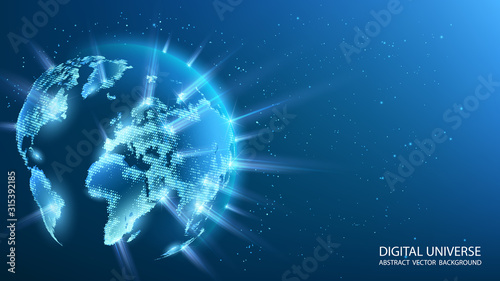Blue futuristic background with planet Earth. World map of the planet. Rays of energy. Global social network. Future. Vector. Internet and technology. Floating blue plexus geometric background.