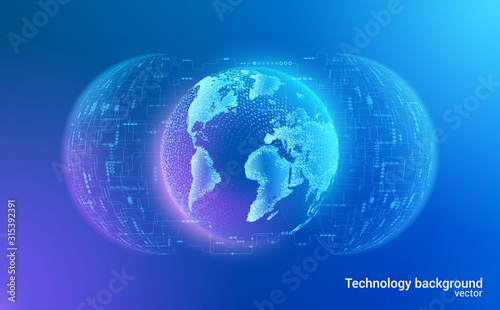 Abstract blue futuristic HUD background. Vector. Global digital communications. Modern technology and the near future. A holographic globe of planet Earth surrounded by a stream of digital data.