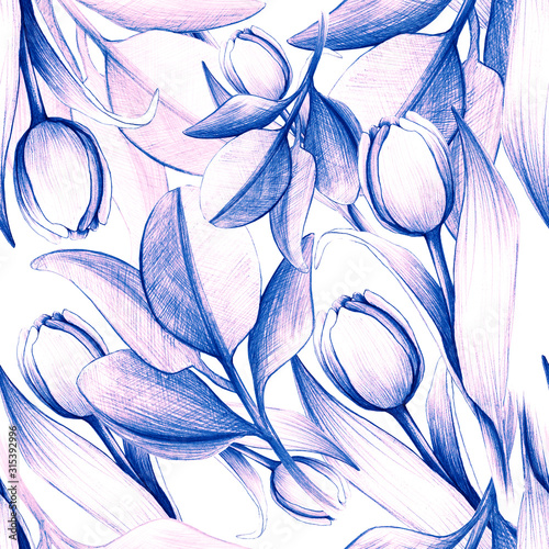 Spring pattern with tulips, spring flower. March 8. purple, violet Dutch tulips, vintage pencil drawing, hand drawing. field of tulips. Stock illustration. Background for wallpaper, textile, paper. photo