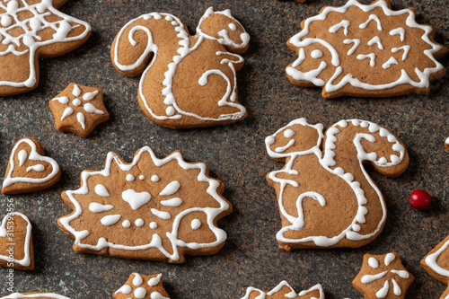 Christmas gingerbread cookies in the form of squirrels and hedgehogs