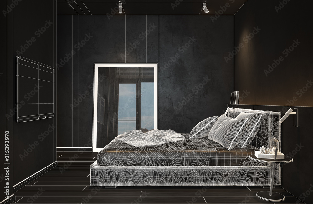 Illustration of a black room with a polygonal mesh. Dark room