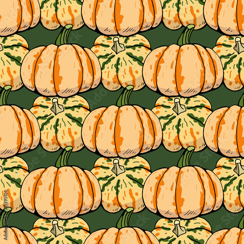 Seamless pattern with hand drawn carnival squashes. Endless texture with vegetables on dark green background for your design