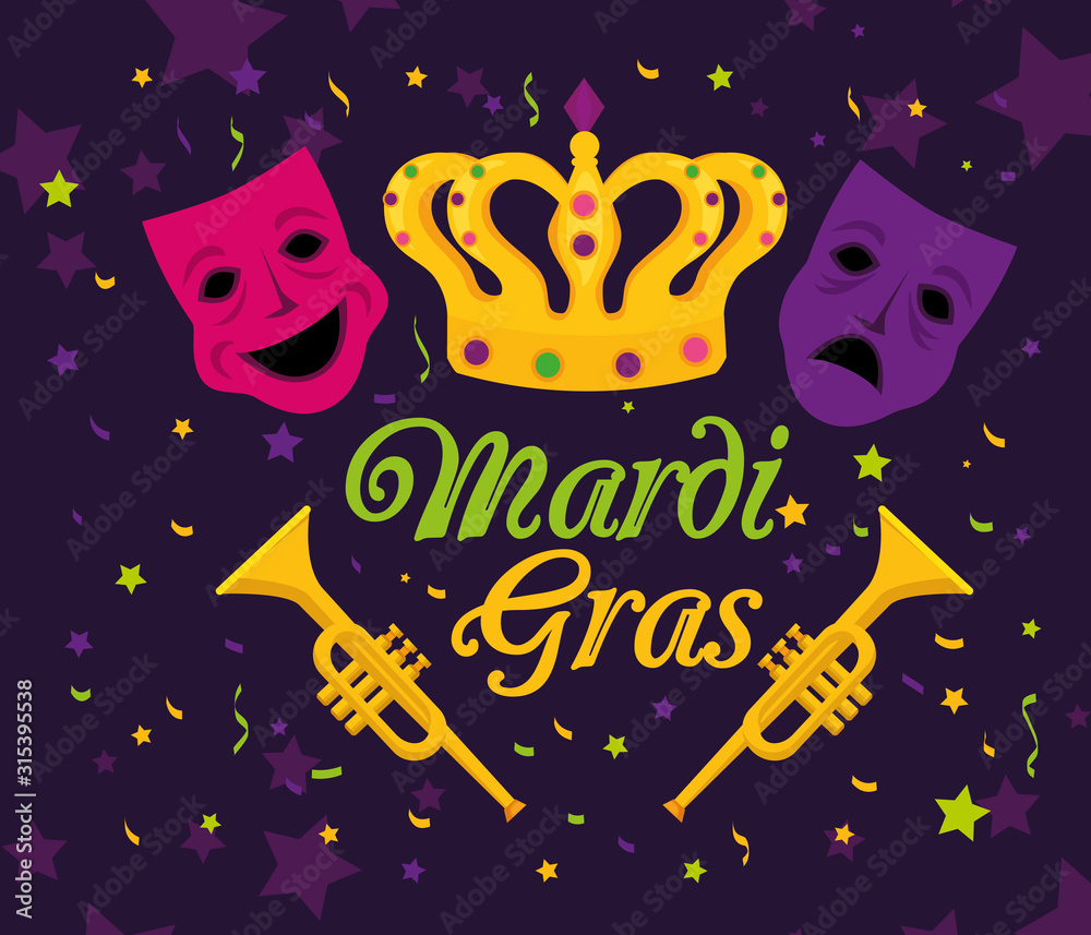 Mardi gras masks and crown design, Party carnival decoration celebration festival holiday fun new orleans and traditional theme Vector illustration Mardi gras masks and crown design, Party carnival decoration celebration festival holiday fun new orleans and traditional theme Vector illustration