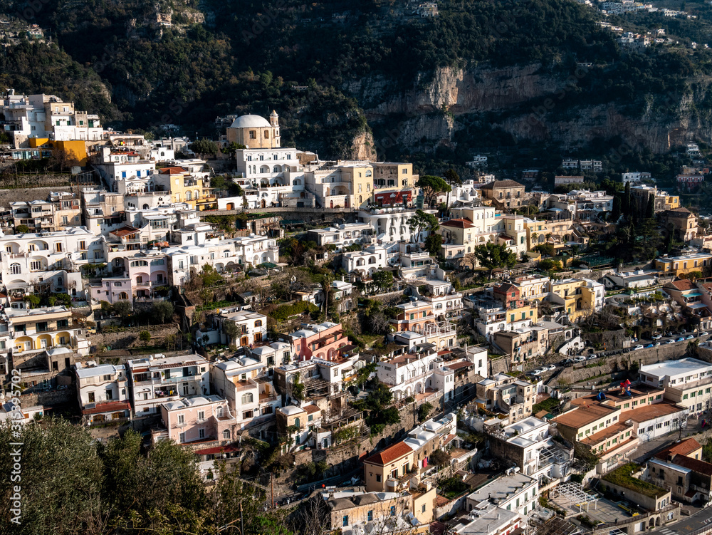 landscape of Positano on Amalfi Coast. Beautiful seaside village in southern Italy. Salerno, Campania, Italy