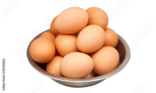 bowl of eggs from hen or chicken isolated on white background