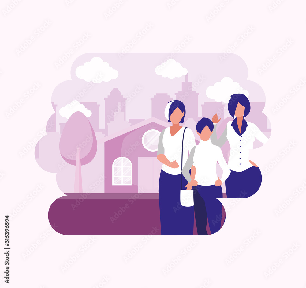 women avatars in front of a house vector design