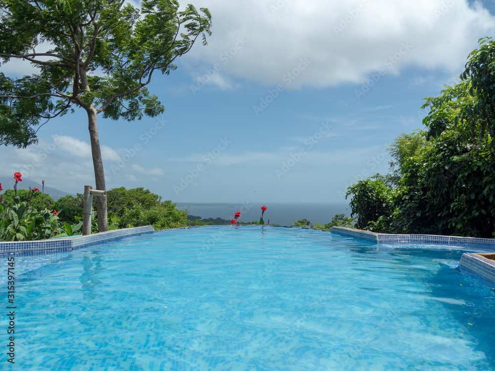 Obraz premium Infinity pool overlooking lake, blue sky, red flowers and green foliage