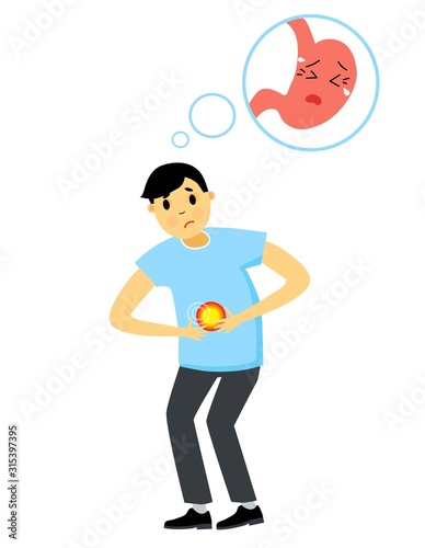 The man was bent from abdominal pain. Gastritis pain attack. Stomach disease. Vector illustration in cartoon style.