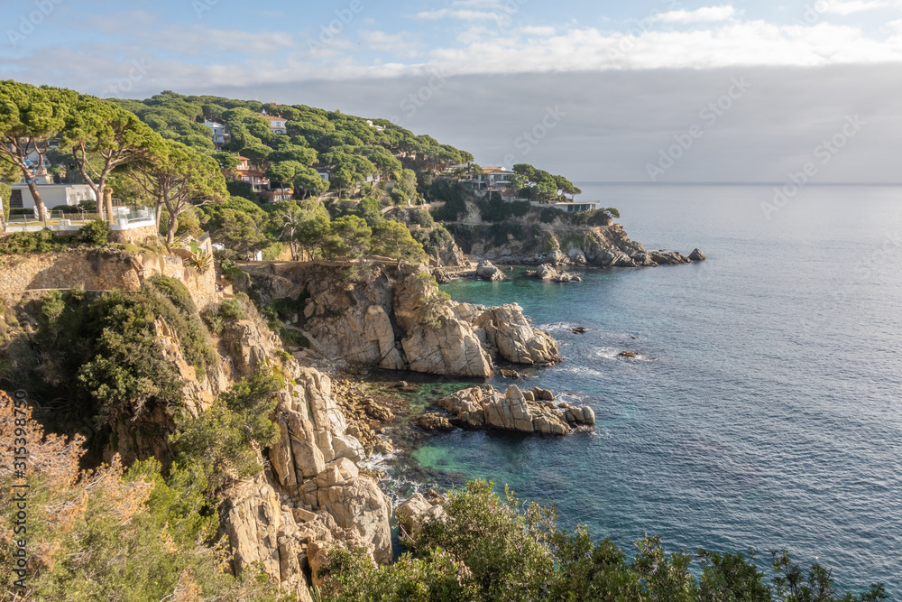 view of cliffs over the sea and some villas behind pine trees in the mediterranean