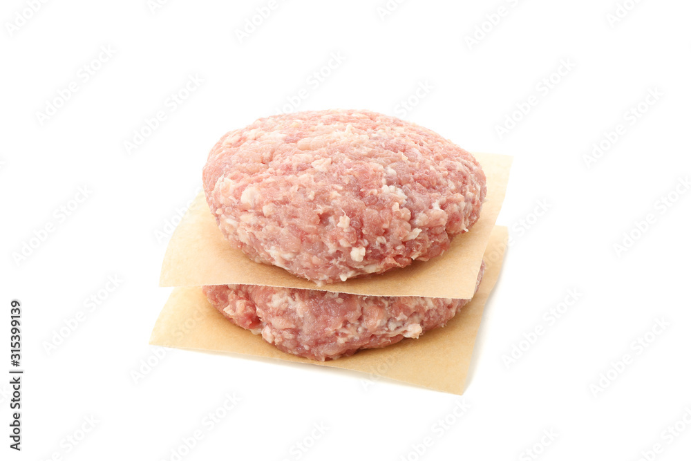 Minced meat and craft paper isolated on white background