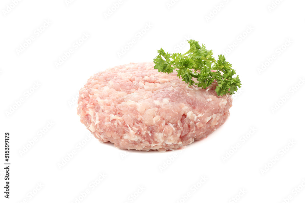 Tasty minced meat and curly parsley isolated on white background Tasty minced meat and curly parsley isolated on white background