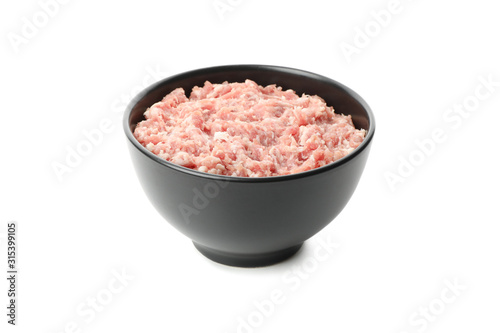 Bowl with minced meat isolated on white background