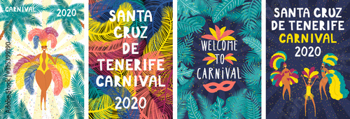 Tableau sur Toile Set of Santa Cruz de Tenerife Carnival posters with dancing girls in bright costumes, colorful feathers, tropical leaves, text