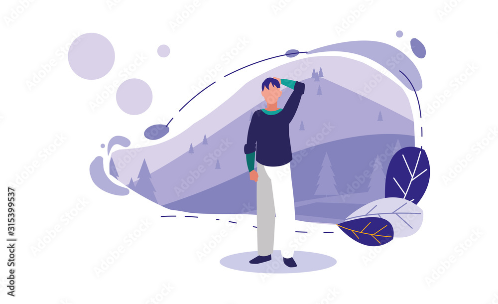 Isolated avatar man with landscape and leaves vector design Isolated avatar man with landscape and leaves vector design