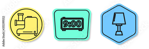 Set line Kitchen meat grinder , Digital alarm clock  and Table lamp . Colored shapes. Vector