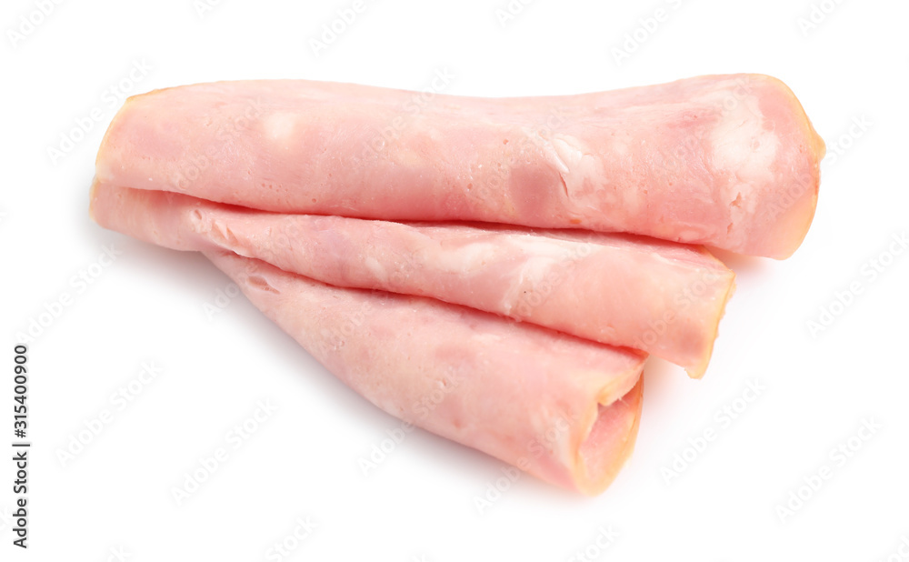Slices of tasty fresh ham isolated on white Slices of tasty fresh ham isolated on white