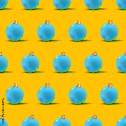 Vector seamless pattern made of realistic shiny Christmas balls in blue color with shadows on trendy yellow background. New year toys. Endless winter ornament.