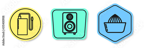 Set line Power bank with different charge cable , Stereo speaker  and Citrus fruit juicer . Colored shapes. Vector