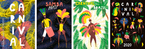 Set of Brazilian Carnival posters with dancing people in bright costumes, colorful feathers, tropical leaves, text. Hand drawn vector illustration. Flat style design. Concept flyer, banner.