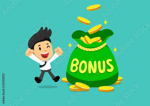 Cartoon happy businessman with big bonus money bag for design.
