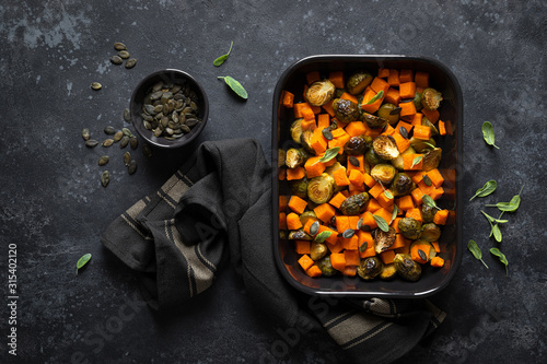 Brussels sprouts baked with butternut squash, top view