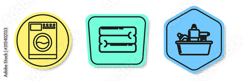 Set line Washer , Towel stack  and Plastic bottles for liquid dishwashing liquid. Colored shapes. Vector