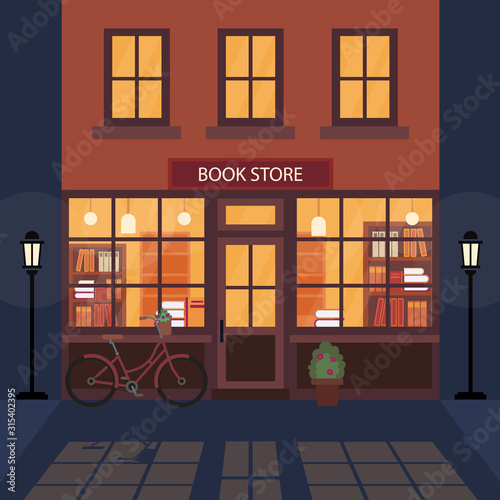 Bookshop, bookstore building facade. A lot of books on the shelves. Beautiful bicycle near the building. Literary shop. Flat style. Vector illustration