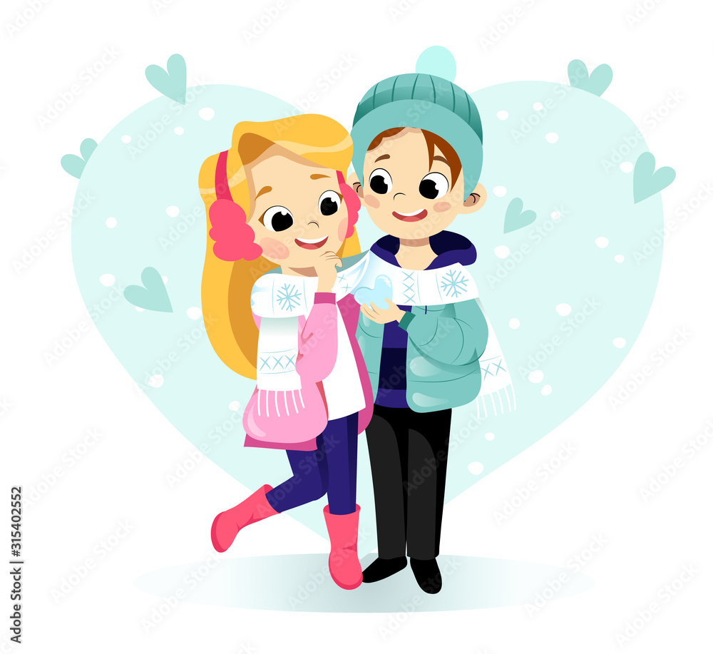 Happy Valentine s Day concept. Loving couple is hugging and the Boy Is Showing Ice Heart To The Girl. Funny cartoon character. Flat style. Vector illustration Happy Valentine s Day concept. Loving couple is hugging and the Boy Is Showing Ice Heart To The Girl. Funny cartoon character. Flat style. Vector illustration