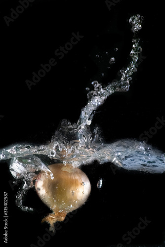  Onion immersed in water, on black background
