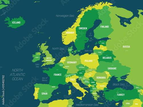 Europe map - green hue colored on dark background. High detailed political map of european continent with country, capital, ocean and sea names labeling