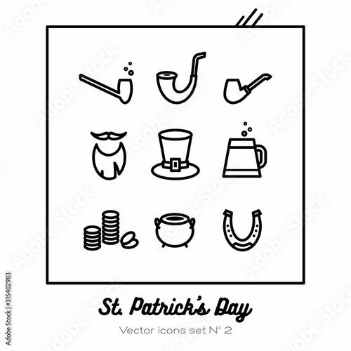 Saint Patricks day vector icons set. Black white line art flat icons for logo, sign, buttons. Minimalist st. Patricks day menu, flyer, poster. Isolated clover, beer glass, leprechaun hat, smoking pipe