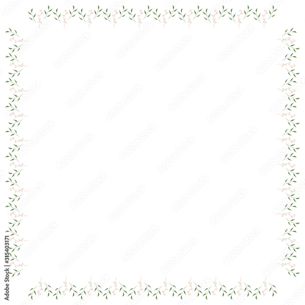 Square frame of vertical elegant leaves and decorative elements. Isolated nature frame on white background for your design. Square frame of vertical elegant leaves and decorative elements. Isolated nature frame on white background for your design.