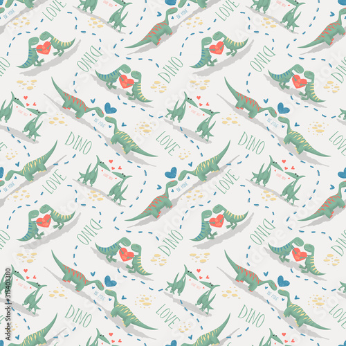 Seamless pattern of dinosaurs in love by February 14th. Tyrannosaur. Diplodocus. Pterosaur. Hearts background.