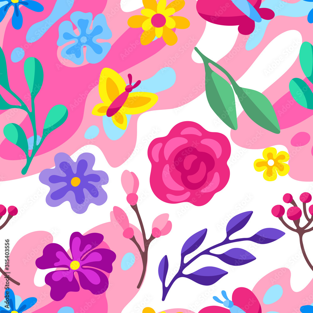 Seamless pattern with spring flowers. Beautiful decorative natural plants.