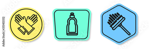 Set line Rubber gloves , Plastic bottles for liquid dishwashing liquid and Squeegee, scraper, wiper. Colored shapes. Vector