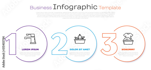 Set line Water tap , Plastic bottles for liquid dishwashing liquid and Plastic basin with soap suds . Business infographic template. Vector