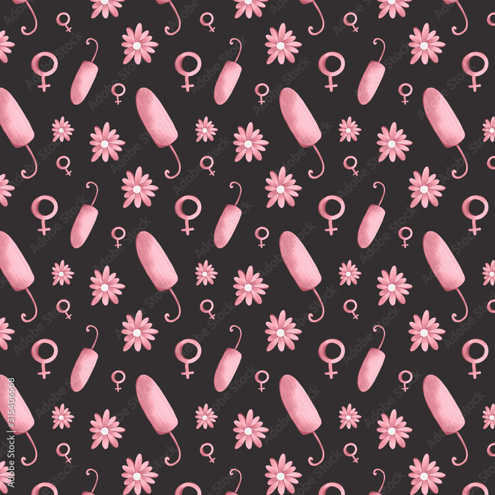Digital illustration of a cute seamless pattern of feminine hygiene items in the menstruation cycle. Menstrual cup laying pad. Print for stickers, icons, packaging isolate on a white background. Digital illustration of a cute seamless pattern of feminine hygiene items in the menstruation cycle. Menstrual cup laying pad. Print for stickers, icons, packaging isolate on a white background.