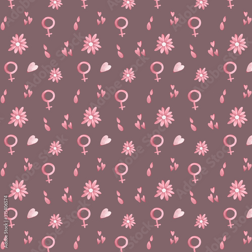Digital illustration of a cute seamless pattern of feminine hygiene items in the menstruation cycle. Menstrual cup laying pad. Print for stickers, icons, packaging isolate on a white background.